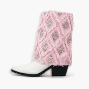 Gram Glam Pink and White Denim Boot with Crystal Diamonds