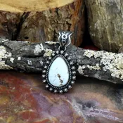 #27407 Navajo/Happy Piasso Teardrop Pale Green Turquoise &amp;amp; Sterling Silver Hogan Beads Boarder Pendant