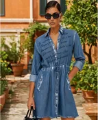 Medium Wash Script-Embroidered High-Low Denim Shirt Dress 121028