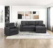 9630BK*22LRC Sectional with Right Chaise, Pull-out Bed, Hidden Storage and Shelves, Charging Ports