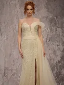 MNM Couture Q1405 – Plunging Sweetheart Sheath Gown with Beaded Overskirt