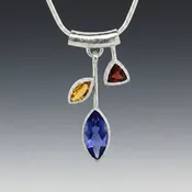 3 Stone Petal Pendant Necklace with Iolite - Silver, White Rhodium