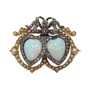 Double Heart Opal, Diamond, Pearl Brooch