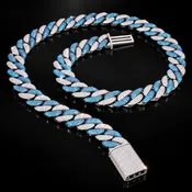 14mm White & Blue Round Moissanite Miami Cuban Link Chain