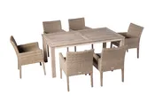 Alfresco Home Cornwall Woven Wood Set With 71 inch Rectangular Wood Dining Table With Umbrella Hole and 6 Dining Arm Chairs With Sunbrella Cast Shale Cushions