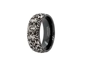 8mm Custom Dome Shaped Black Plated Tungsten Ring with Horseshoe, 2 Horses and Medieval Style Engravings