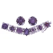 Amethyst Glass Scarab and Cabochons Filigree Bracelet and Earrings