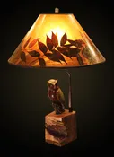 “Night Flyer” Bronze Owl on Branch Lamp, Round Amber Mica Lampshade with Natural Red Pistachio Leaves and Color Border