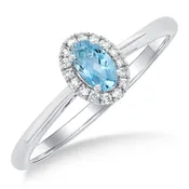 10Kt White Gold 5x3mm Oval Aquamarine & 0.07cttw Diamond Halo Ring