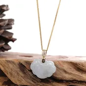 14k Gold Genuine Burmese Light Lavender Jadeite RuYi  Happiness and Safety  (Fu & Pingan) Pendant Necklace