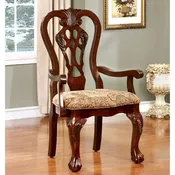 Brown Cherry Carved Wood Upholstered Dining Arm Chair with Paisley Cushion