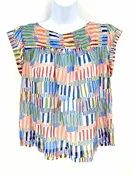ACOTE Green & Blue Peach Multi Cotton & Silk Print Cap Sleeve Size 0  (XS) Top