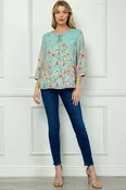 3/4 Button Cuff Smock Shoulder Tie Neck Border Print Blouse - Seafoam Petals