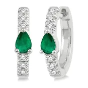 10K White Gold Emeralds Huggie Earrings