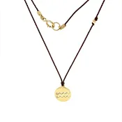 14 Karat Gold Aquarius Zodiac Charm On Brown Silk