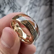 8 mm KOA/Zebra Wood Inlay & Arrow Design with Rose Gold Sleeve in Tungsten Model #1045