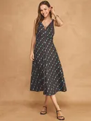 Abstract Scalloped Geo-Print Cut Out V-Neck Midi Dress