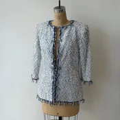 Chanel 18P Size 2 White & Metallic Blue Eyelash Tweed 3/4 Sleeve Jacket