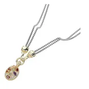 14K Gold Plated CZ Stone Oval Pendant Double Chain Toggle Necklace
