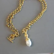 34" Gold-Plated Pendant Necklace with Pearl Charm