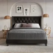 Gestoffeerd bed met genopt paneel en hoofdbord met vleugels, imitatieleer