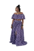 African Print Two-Piece Maxi Set – Purple &amp; White Batik Crop Top and Slit Skirt
