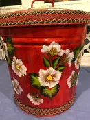 10 Gallon Galvanized Can – Burgundy Wash, floral, greenery – Waverly braided trim on lid rim and base