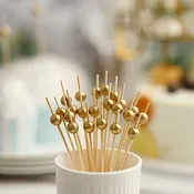 100 Light Brown 4.5 in Natural Sustainable Bamboo Skewers Cocktail Picks with Gold Pearls