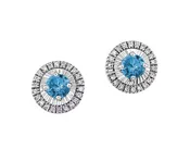 10kt White Gold Earrings With Round Blue Topaz Center .22ct and 44 Rou