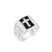 Rhodium 925 Silver Men's Moissanite Onyx Crucifix Ring