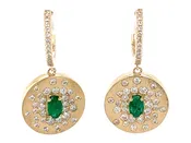 14K Gold and Emerald Disk Earrings with Diamonds