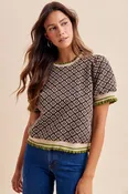 AnnieWear Geo Floral Jacquard Puff Sleeve Knit Top in Chocolate