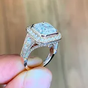 Asscher Cut Moissanite and Round Cut Sides Bezel Set Engagement Ring 14k Solid and Heavy Rose Gold Wedding Ring Filigree Bridal Ring 4.60ctw