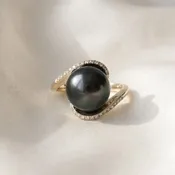 Black Pearl and Diamond Bypass Cocktail Ring in Yellow Gold