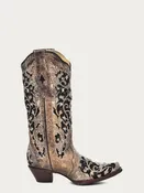 A3569 - WOMEN'S BLACK GLITTER INLAY FLORAL OVERLAY WITH CRYSTALS AND STUDS SNIP TOE BROWN COWBOY BOOT