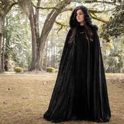 Black Cloak with Large Hood, Black Faux Fur Trim, and Metal Clasp
