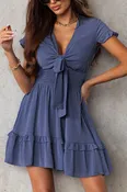 Blue Deep V Neck Self-tie Knotted Front Layered Flare Mini Dress