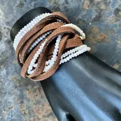 Brown leather and white beads wrap bracelet