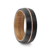 8 mm Black Tungsten Rings – Guitar String and Whiskey Barrel Sleeve “Whiskey Sleeve”