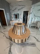 Custom Round Bench — Maple Veneer with Walnut Slat Detailing