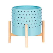 10" Dotted Planter W/ Wood Stand, Blue