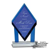 Blue Crystal Floating Diamond Award with Blue Columns on Clear Base
