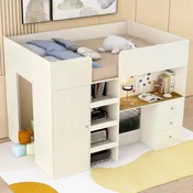 Beige massief houten hoogslaper met kledingkast en bureau