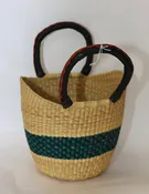 Handwoven African Shopping Basket | Natural Tan & Teal Stripe
