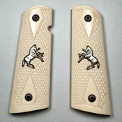 1911 Simulated Ivory Checkered Double Diamond (MAGWELL) with Silver Horse Inlay Pistol Grips
