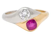 1960's 1.03 CTW Ruby Diamond Platinum 14 Karat Yellow Gold Vintage Toi-Et-Moi Ring