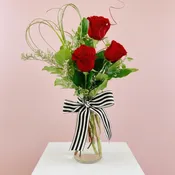 3 Red Roses in a Vase with Bear Grass Heart