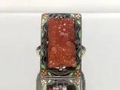Art Deco Sterling Silver Carved Amber and Enamel Ring With a Floral Motif