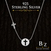 925 Sterling Silver Cross Disc Necklace with CZ Accent