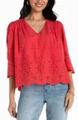 3/4 Sleeve V Neck Eyelet Woven Top (Liverpool)